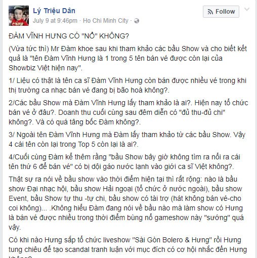 Bi Ly Trieu Dan to no, Dam Vinh Hung phan phao gi?